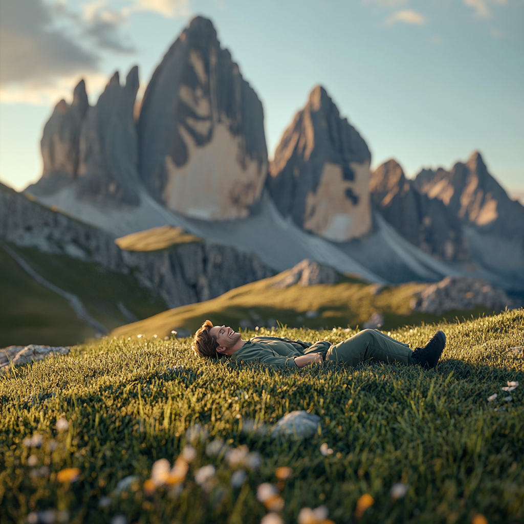 Man relaxing in Dolomite mountain landscape.