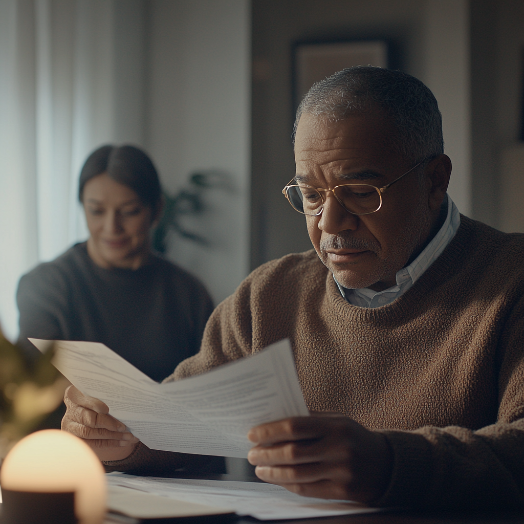 Man reviews financial documents, advisor offers guidance with trust.