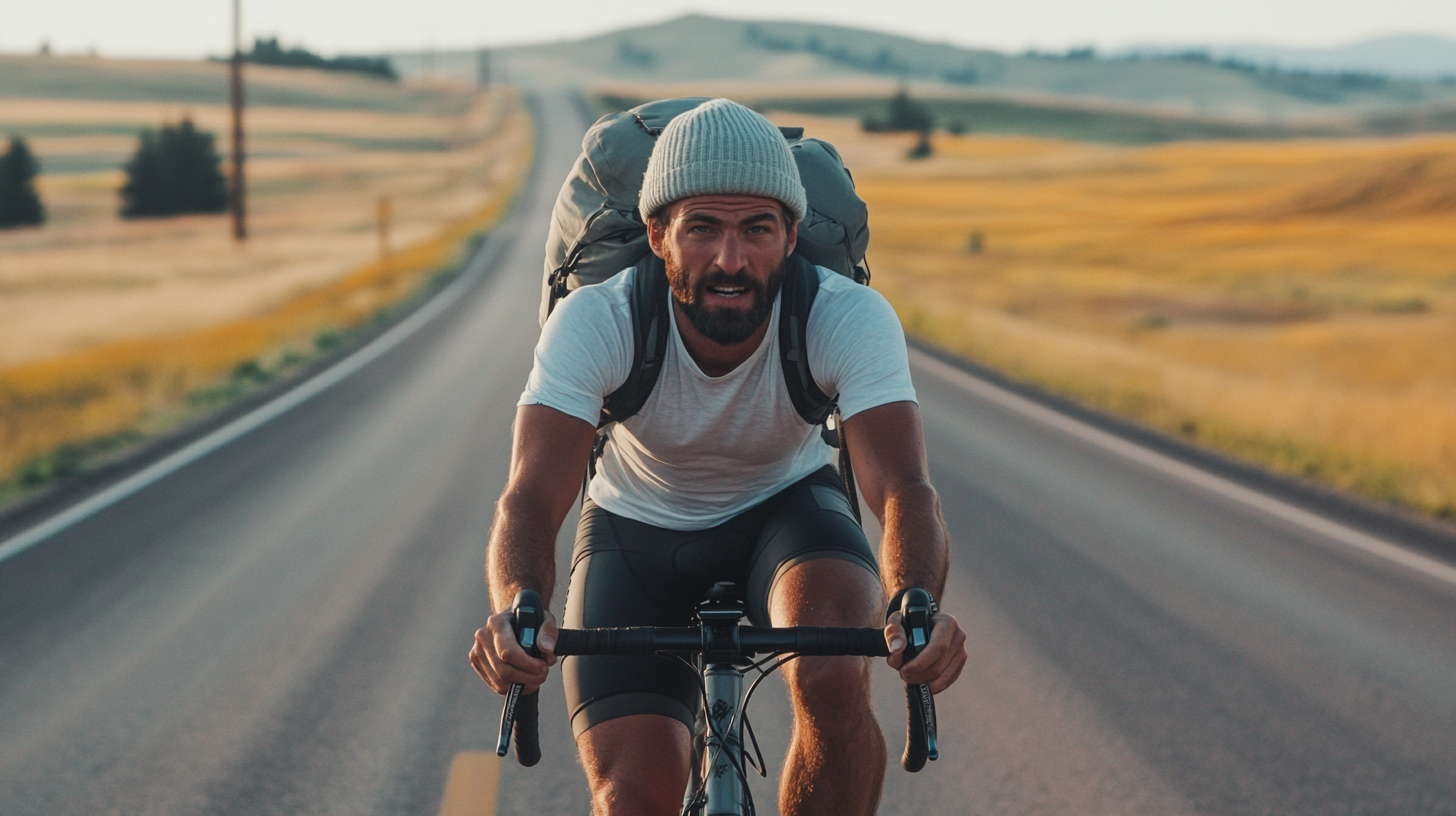 Man riding road bike in country race, determined expression.