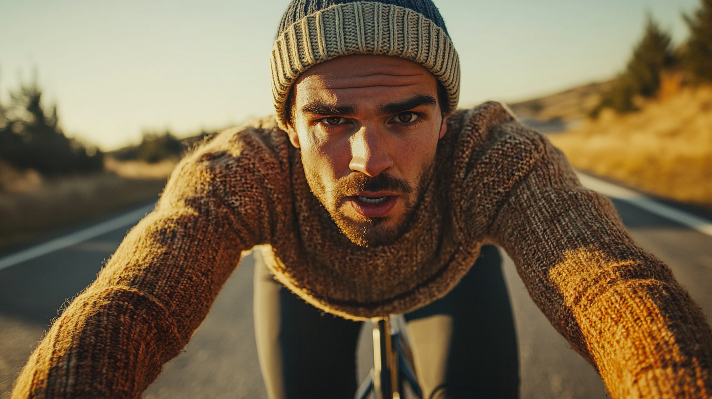 Man riding road bike with determined expression in race.