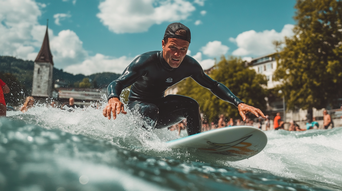 Man river surfing in Thun, determination and energy visible.