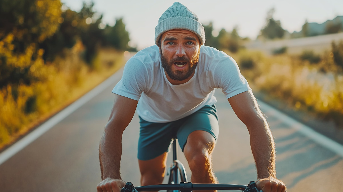 Man road biking with determination on country road race.