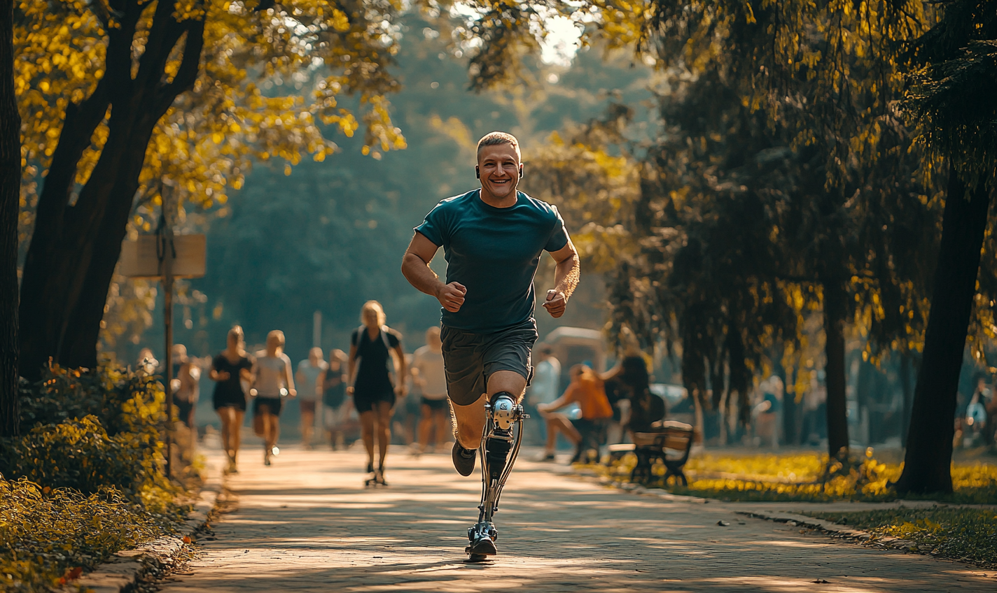 Man running in Ukrainian park with prosthetic leg