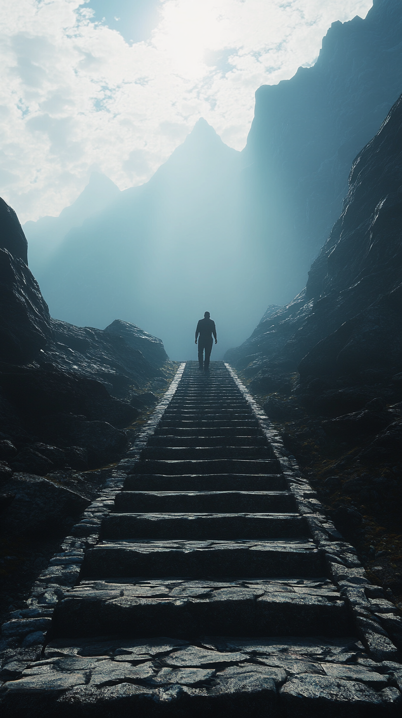 Man silhouette climbing endless stone steps into misty sky.