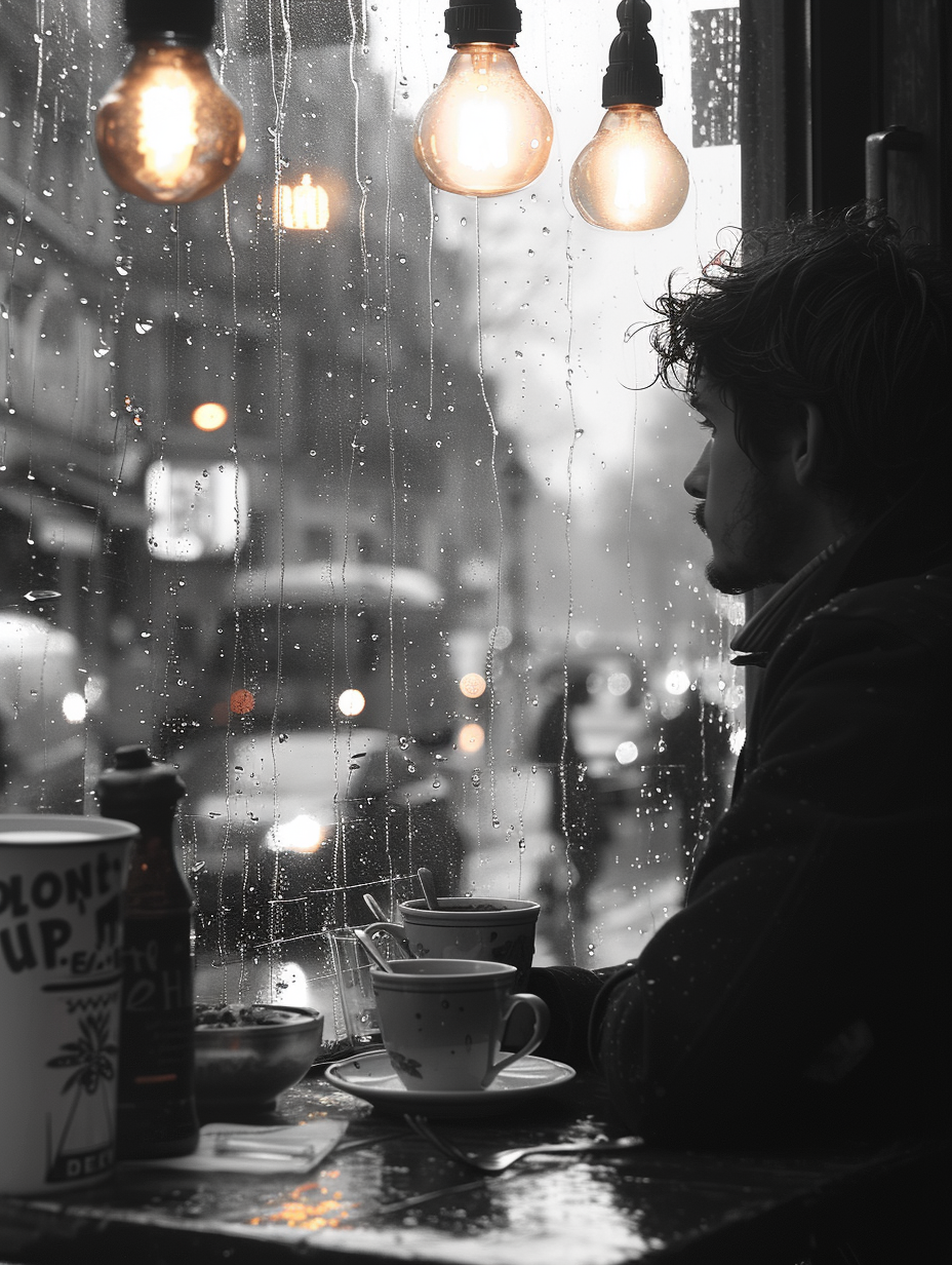 Man sitting at cafe table looking out window