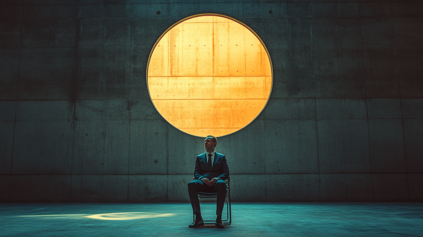 Man sitting in big dark concrete hall illuminated.