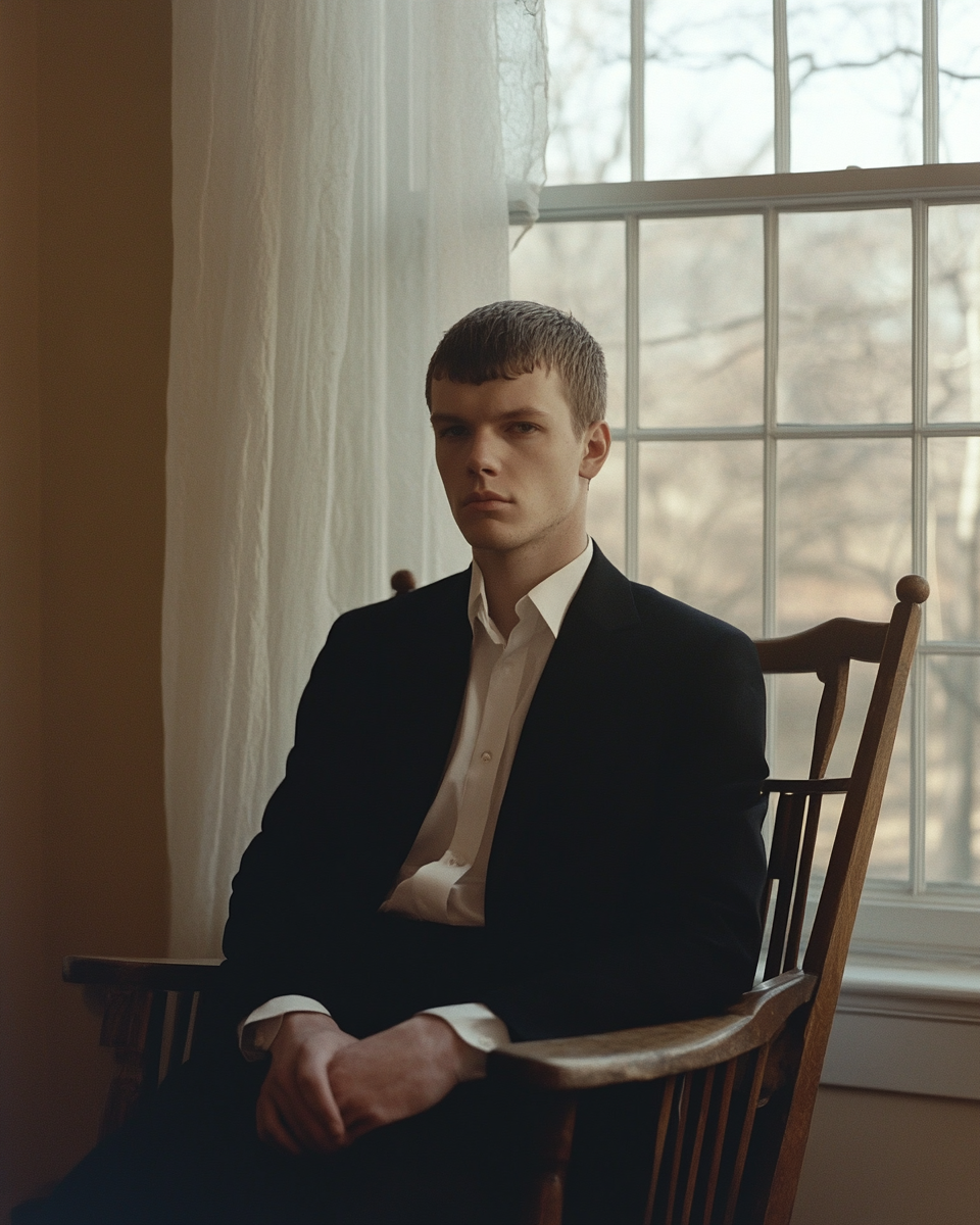 Man sitting in fitted black suit near big window.