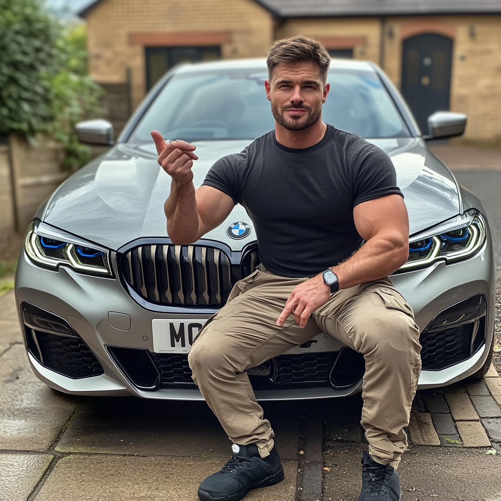 Man sitting next to car pointing up in photo.