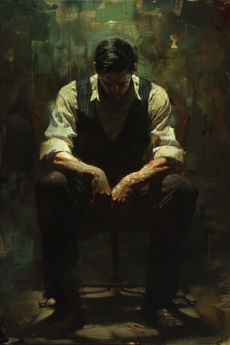 Man sitting with fists clenched, intense gaze, swirling shadows.