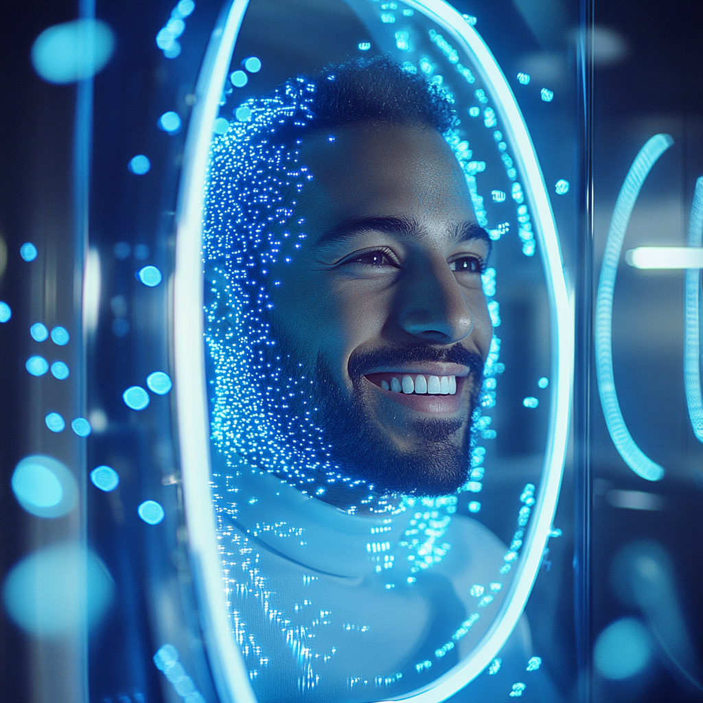 Man smiles at futuristic mirror with growing hair.