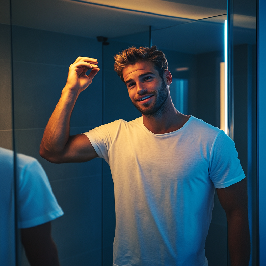 Man smiles in disbelief touching newly grown healthy hair.