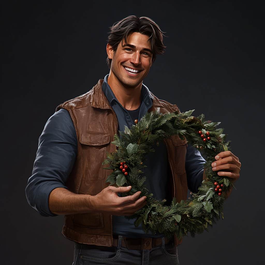 Man smiling and holding wreath in front.