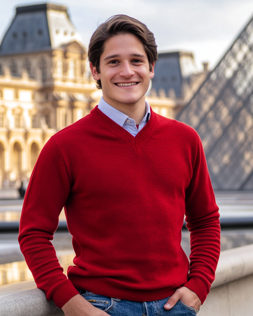 Man smiling in front of Louvre museum