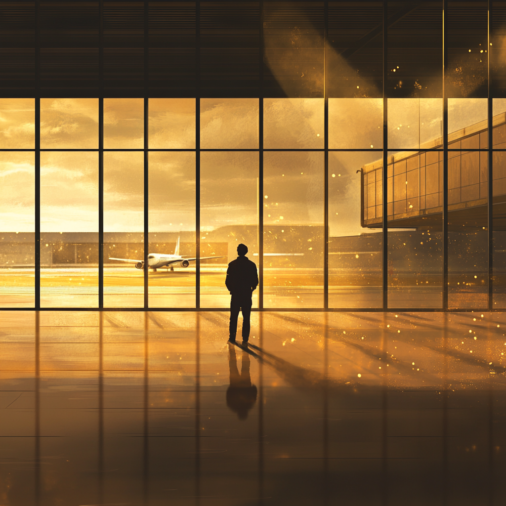 Man standing in departure terminal gazing at runway