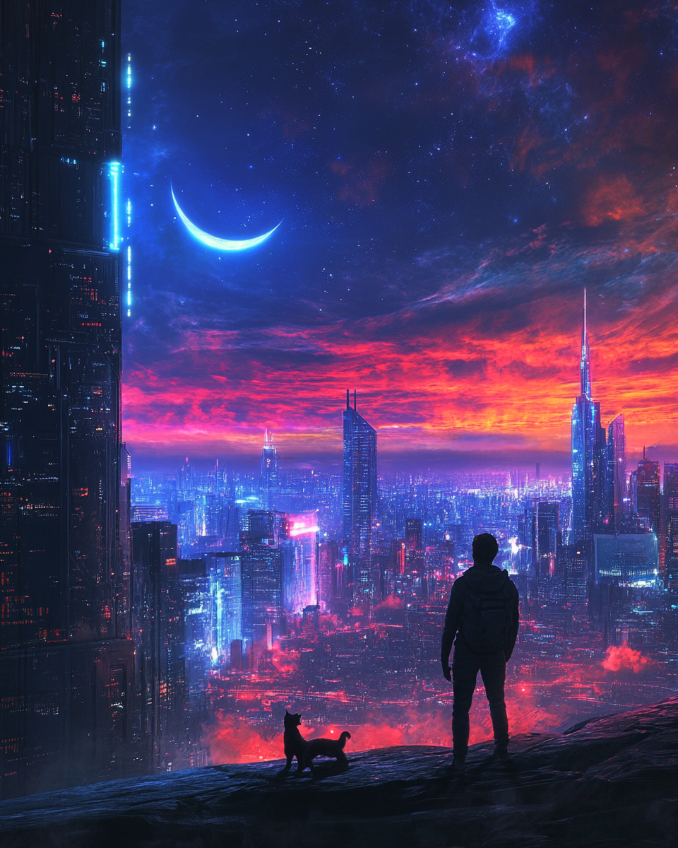 Man standing with cat in cyber city under cosmic skies.