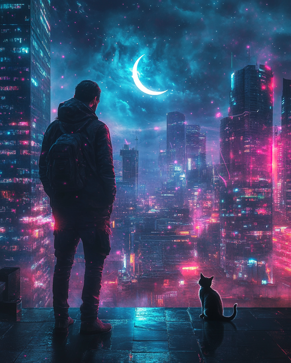 Man standing with cat in hyperrealistic cosmic cyber city.