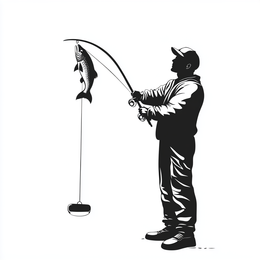 Man standing with fishing pole, holding fish, vector style.