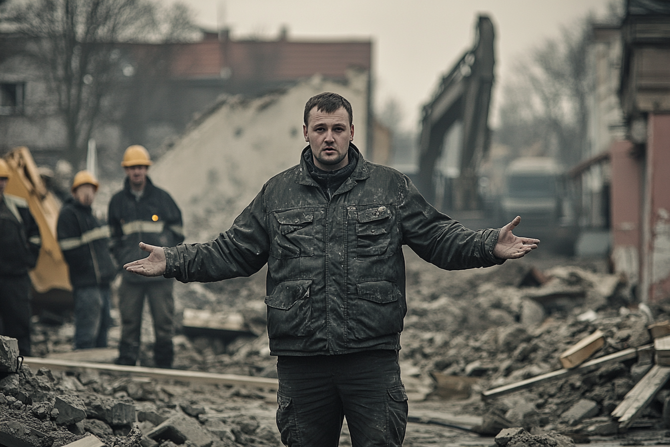 Man stands frozen as Berlin Wall is destroyed.