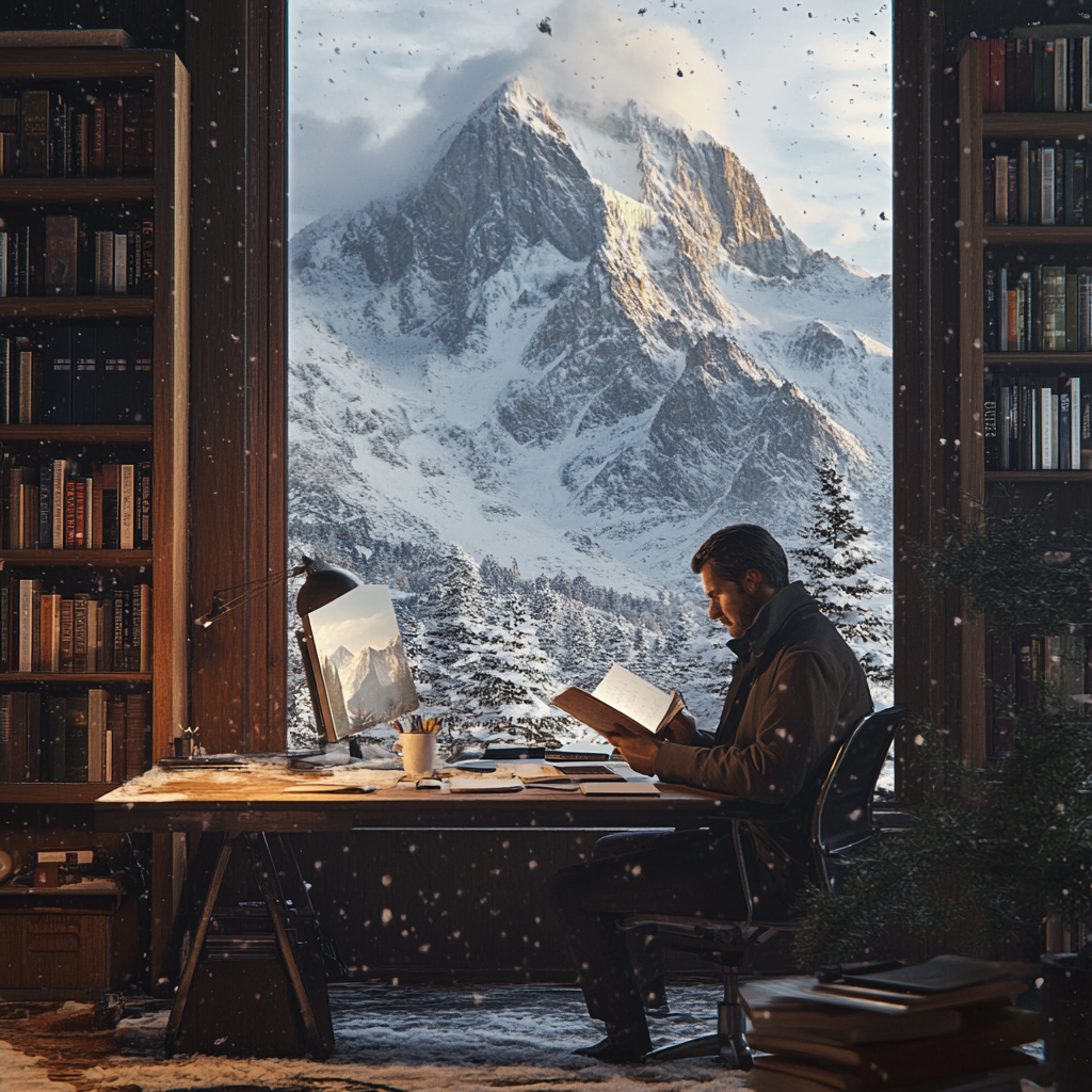 Man studying with coffee near Lamborghini Urus, snowy mountain.