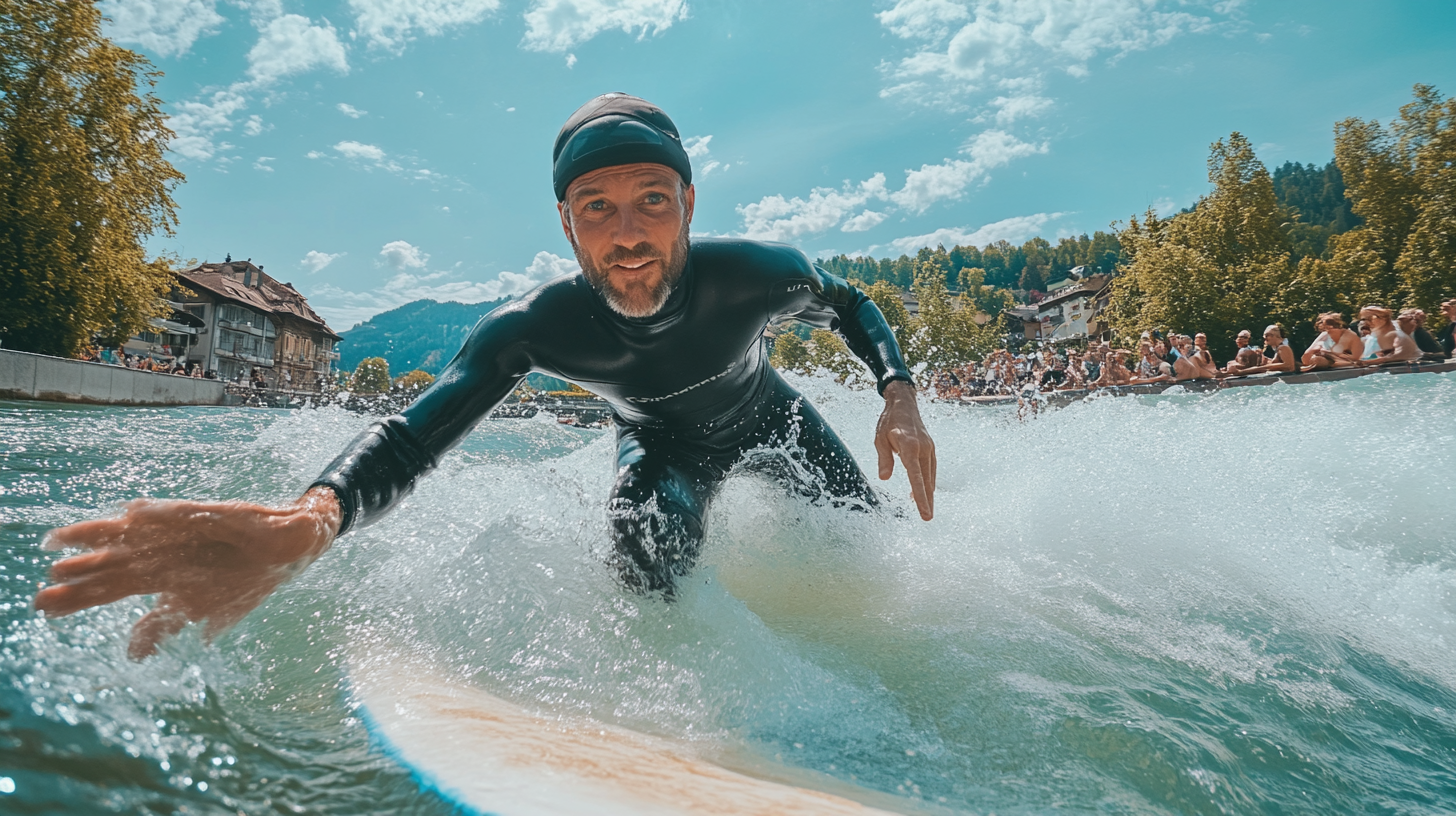 Man surfing in Thun river, determined and energetic photo.