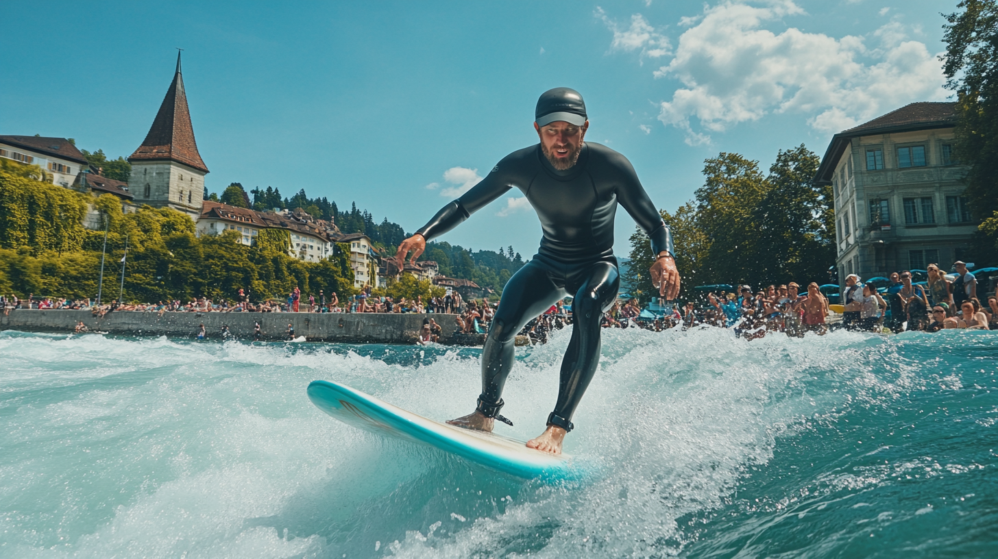 Man surfing in river wearing wetsuit and hat, determined.