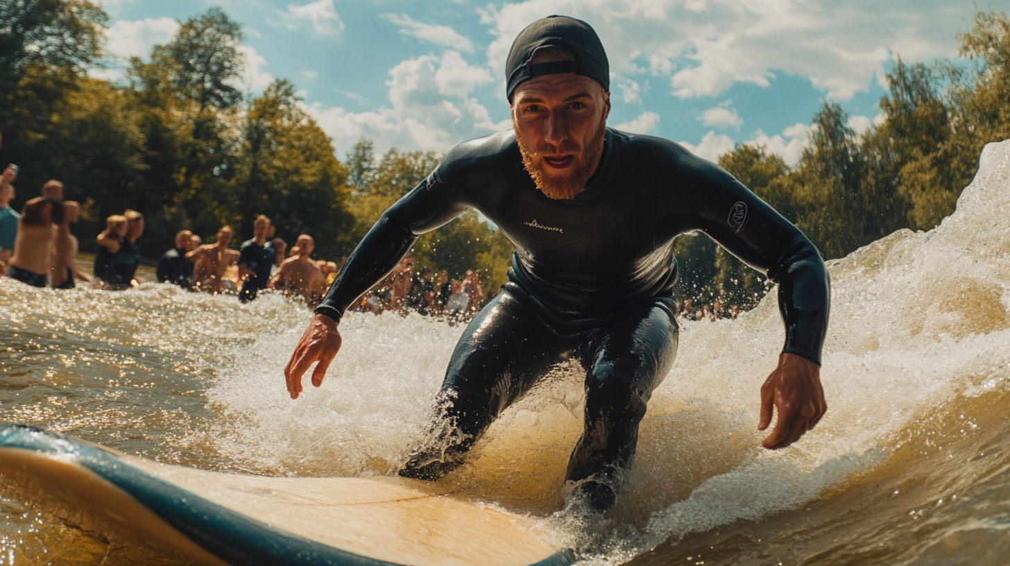 Man surfing with determination, cheered by supporters. Summer day.