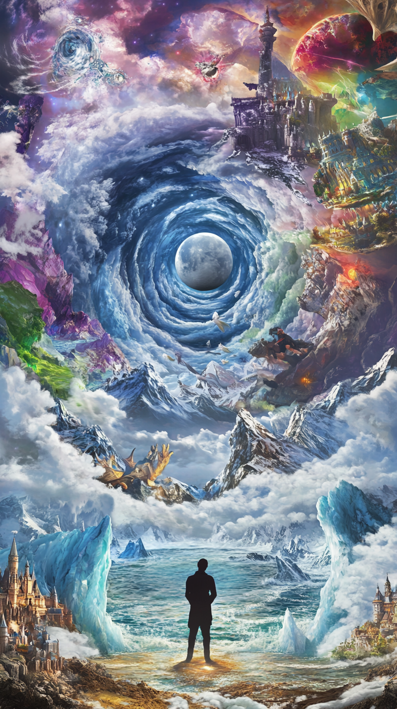 Man surrounded by surreal landscapes, fantasy creatures, and vibrant colors.