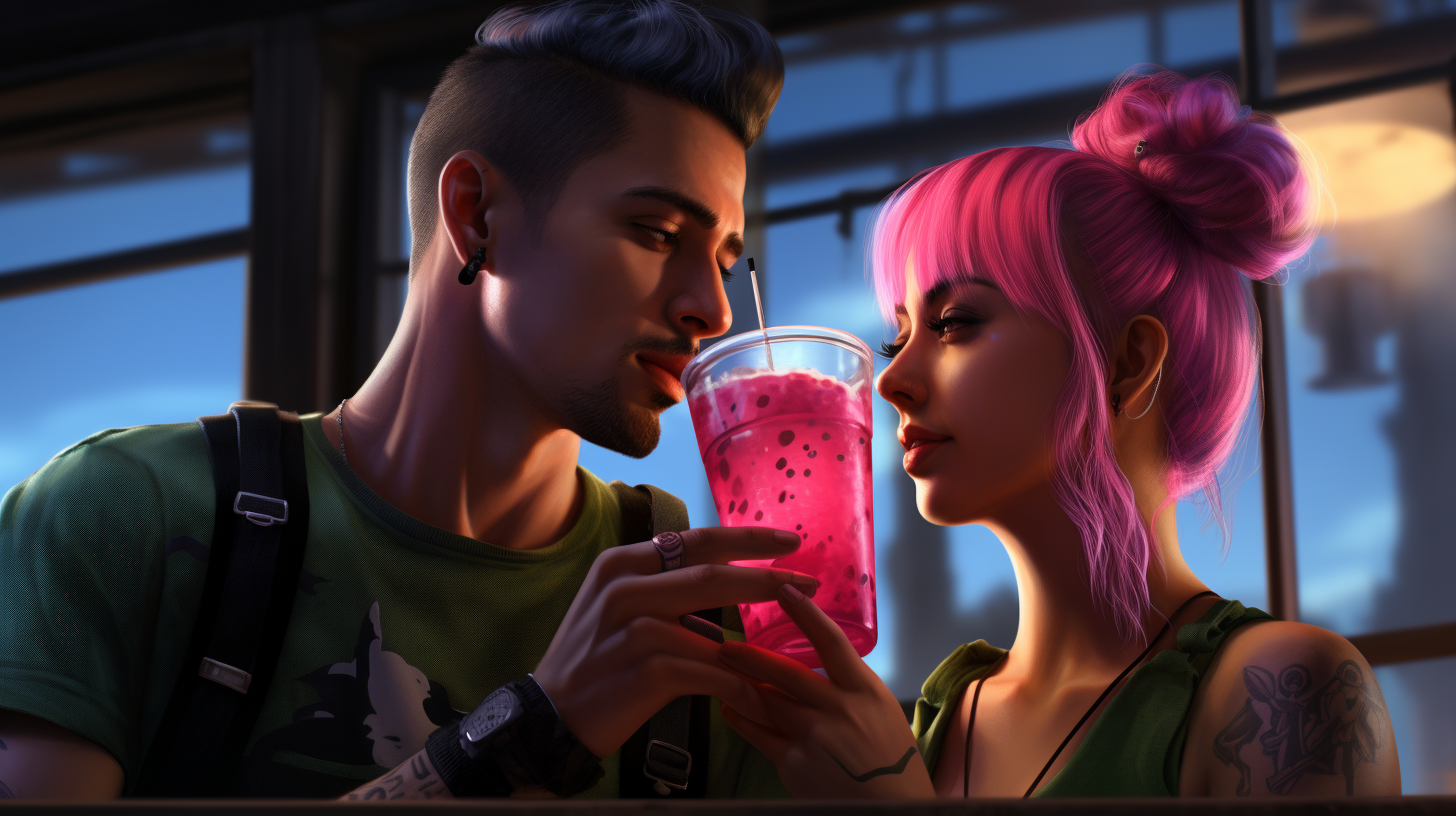 Man sweating from hot dragonfruit Starbucks, woman enjoying cool drink.