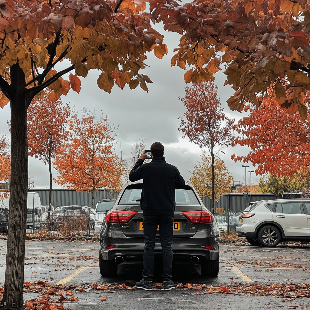 Man taking photo of car in Manchester parking lot.