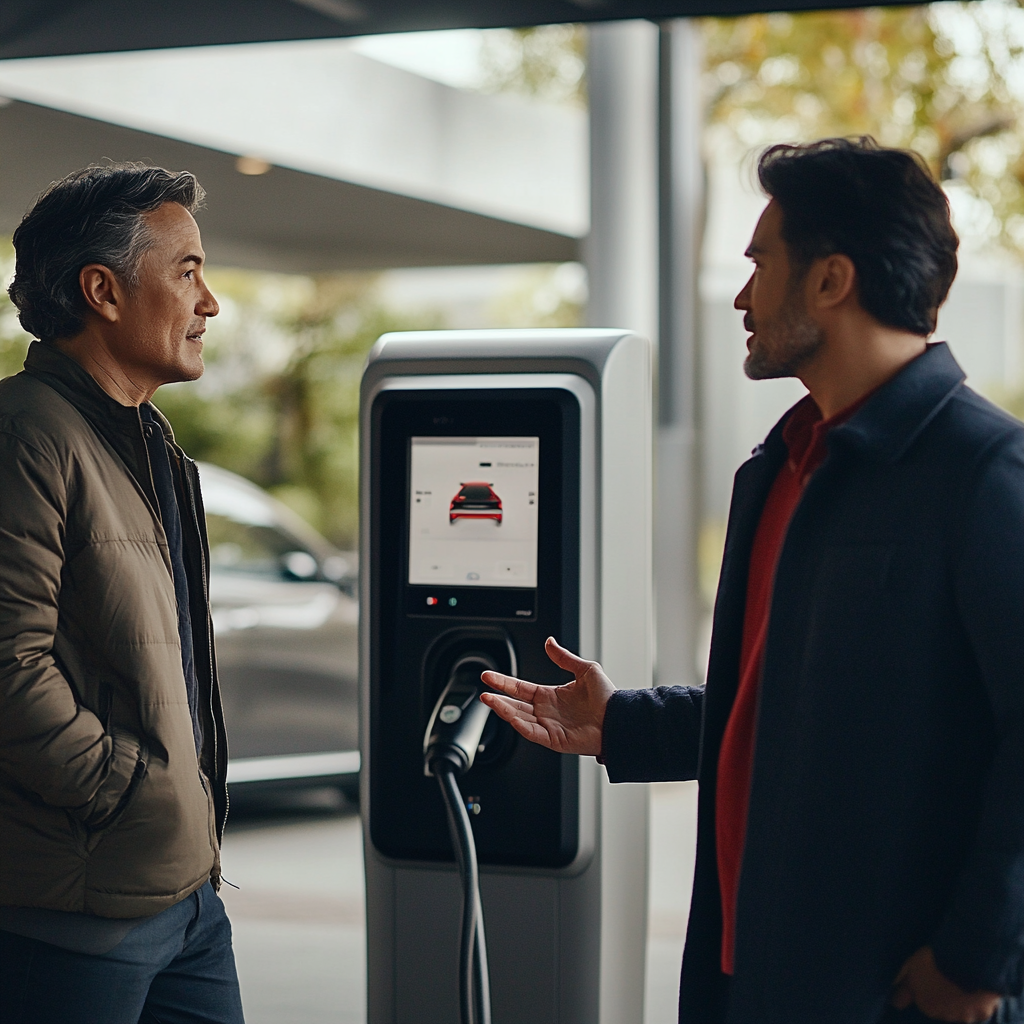 Man talks to sales rep by charging vehicle