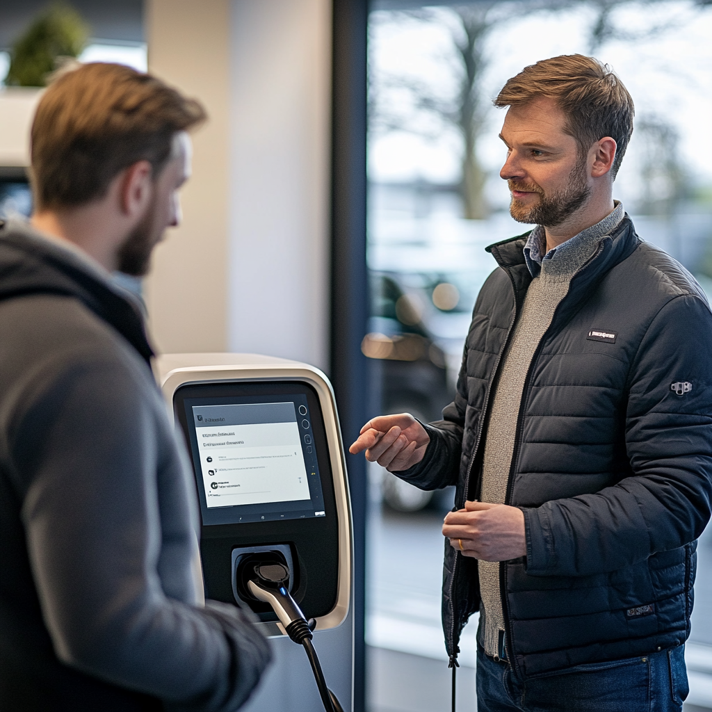 Man talks to salesperson at charging station