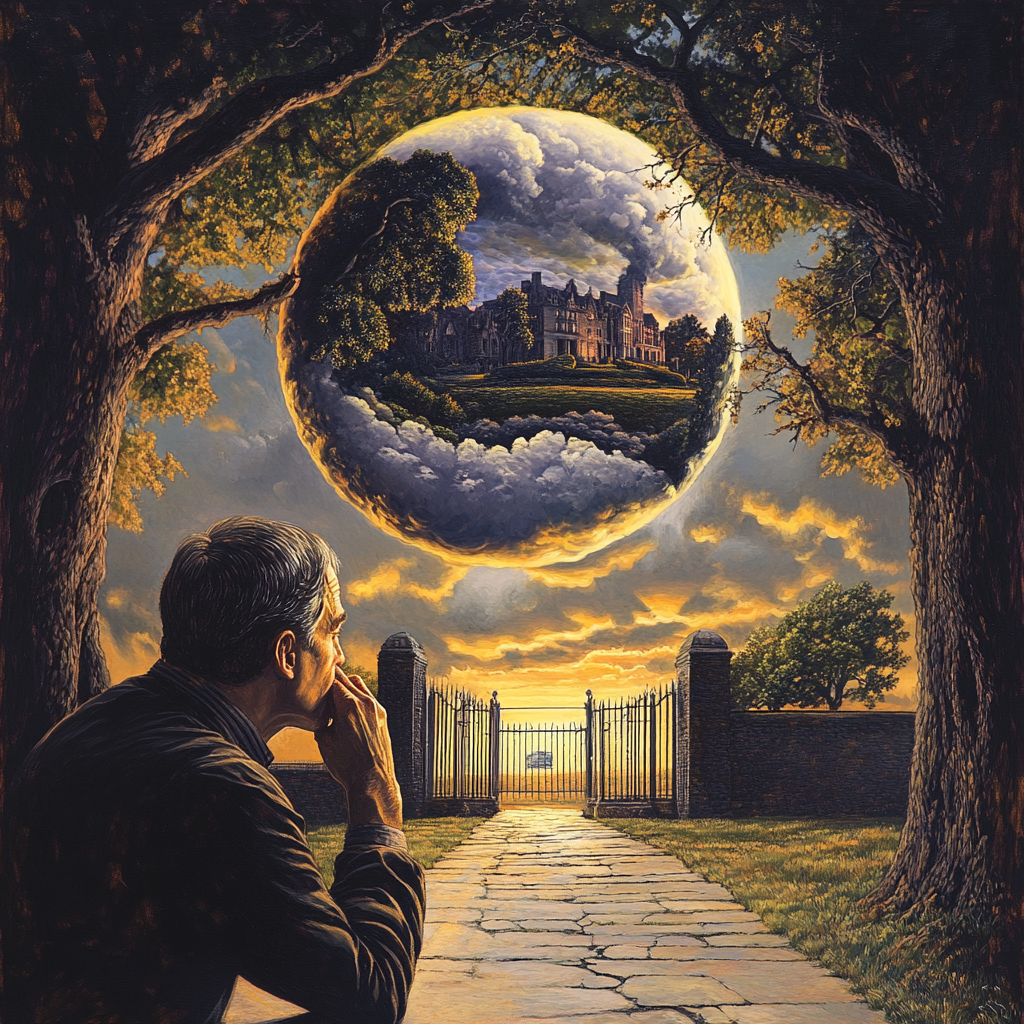 Man thinking with thought bubble of large mansion twilight sky