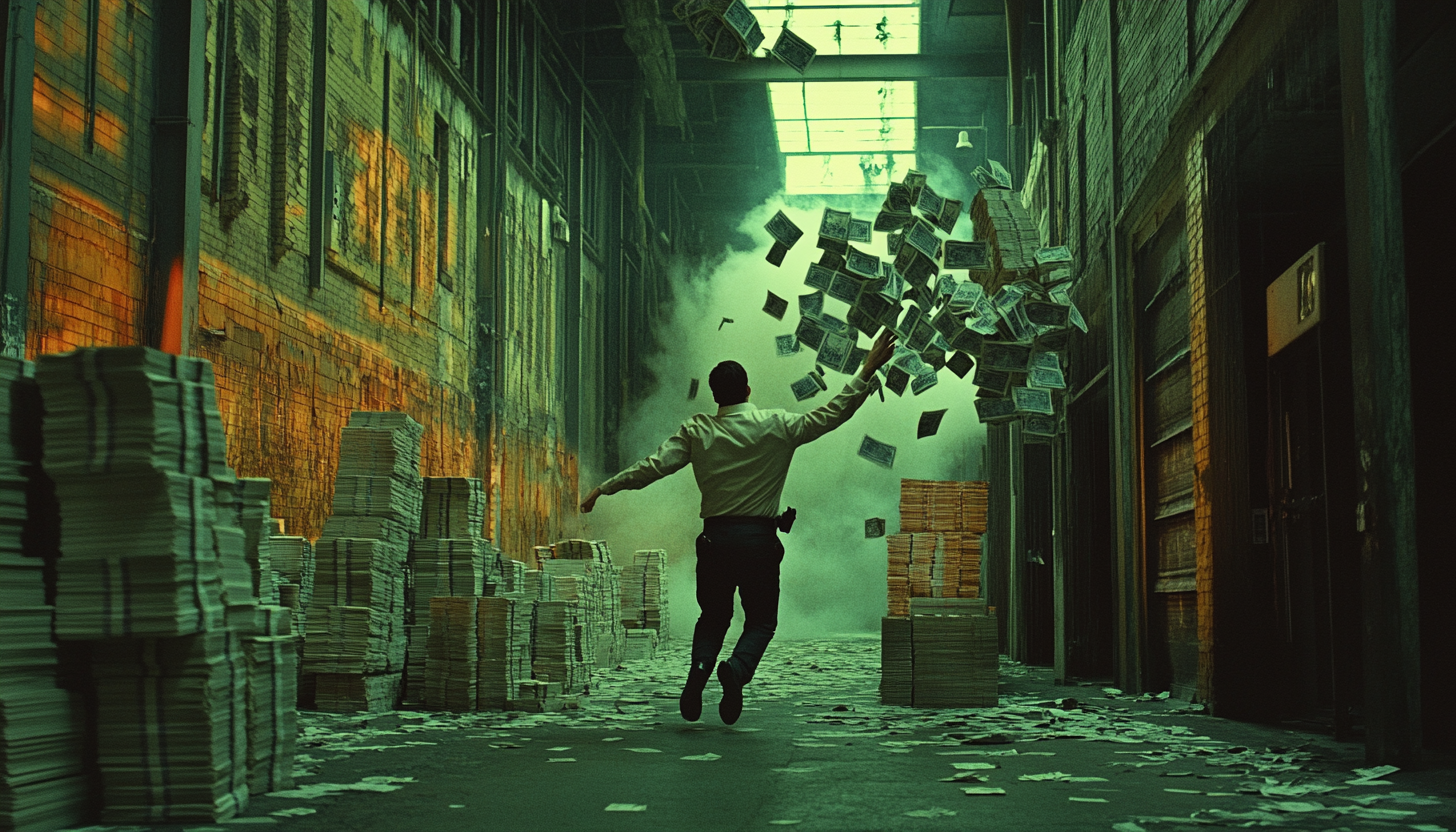 Man throwing money stack in warehouse, detective's rage.