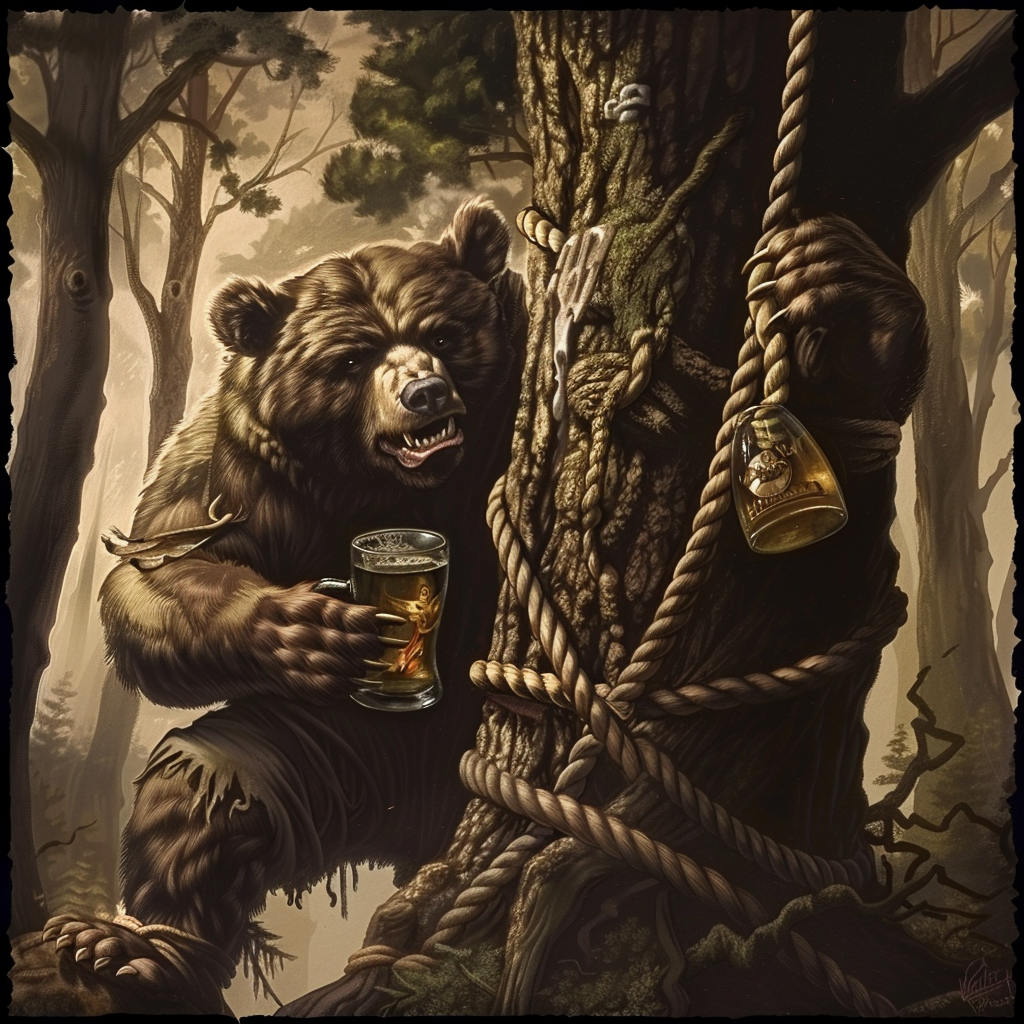 Man tied to tree, bear with beer mug.