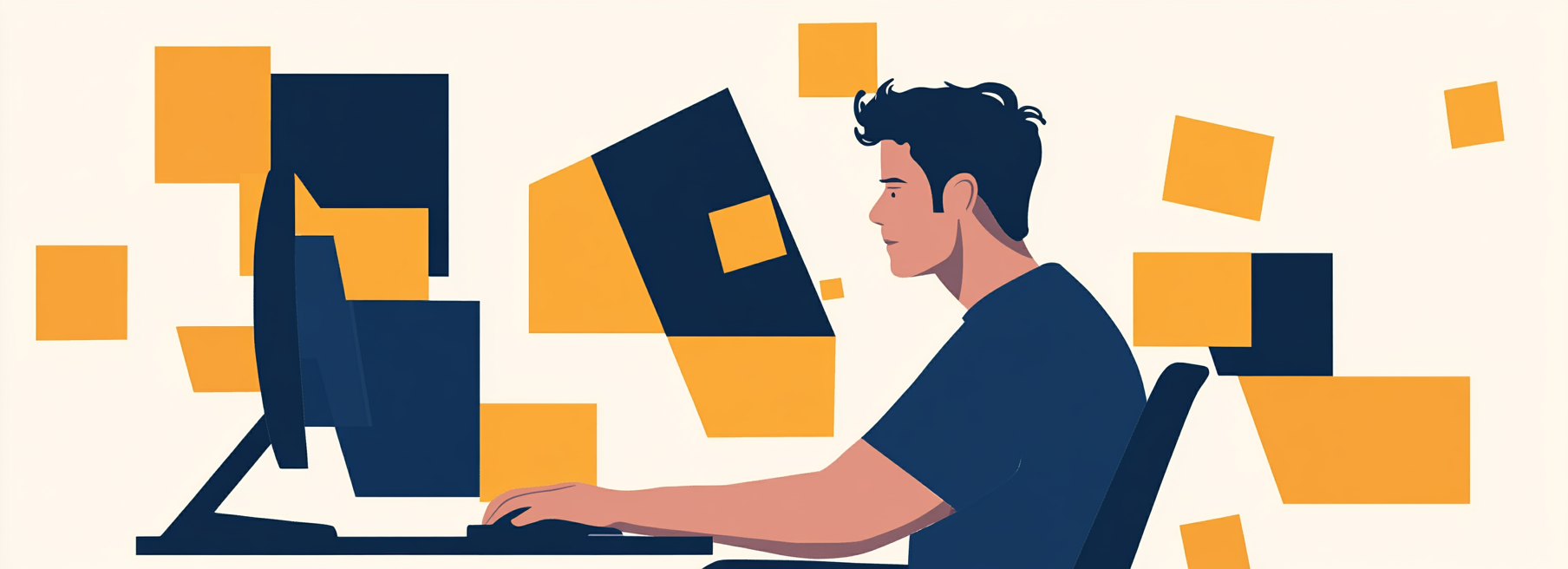 Man trading on computer with geometric shapes in background.