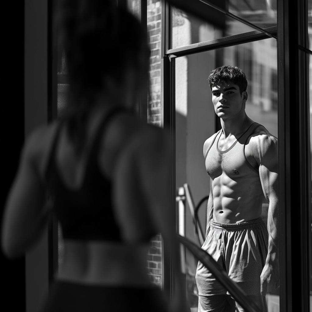 Man training gym, woman walking by, 50mm camera