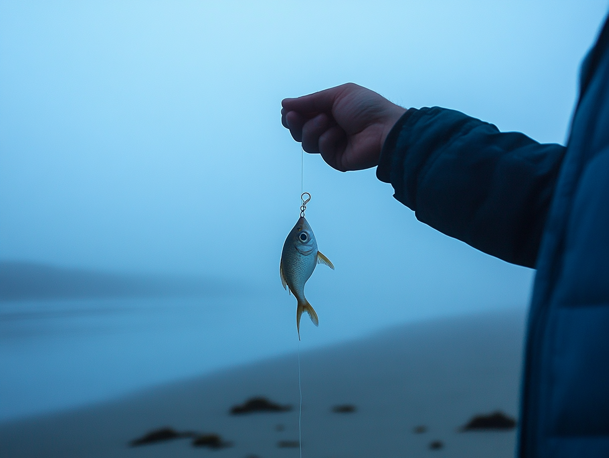 Man tries to catch blowfish in foggy dawn