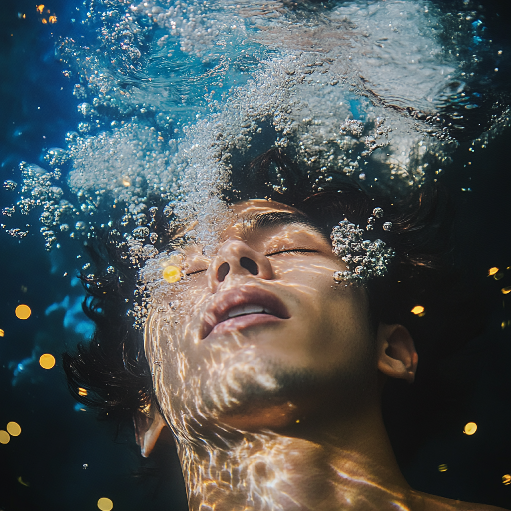 Man underwater in constellations, breathing bubbles, eyes closed.