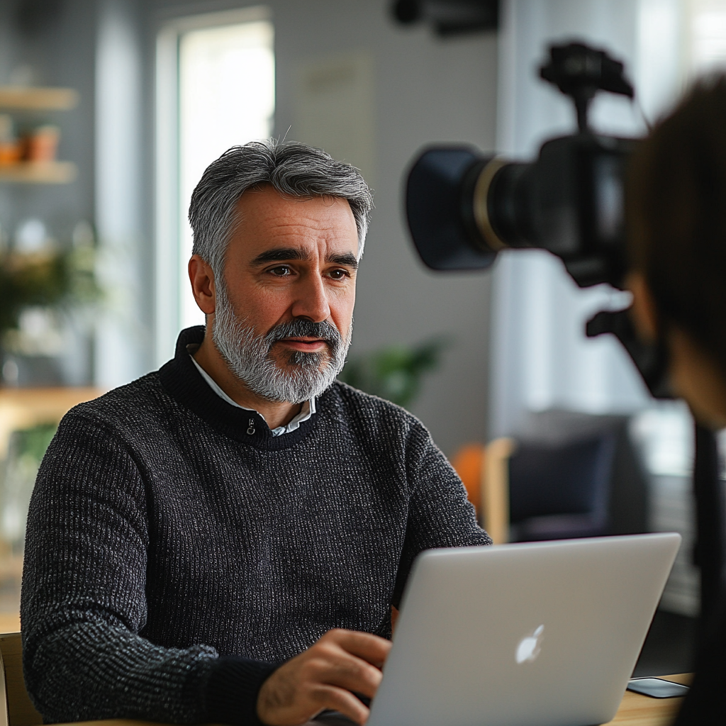 Man uses France.tv site with interviewer in tech room.