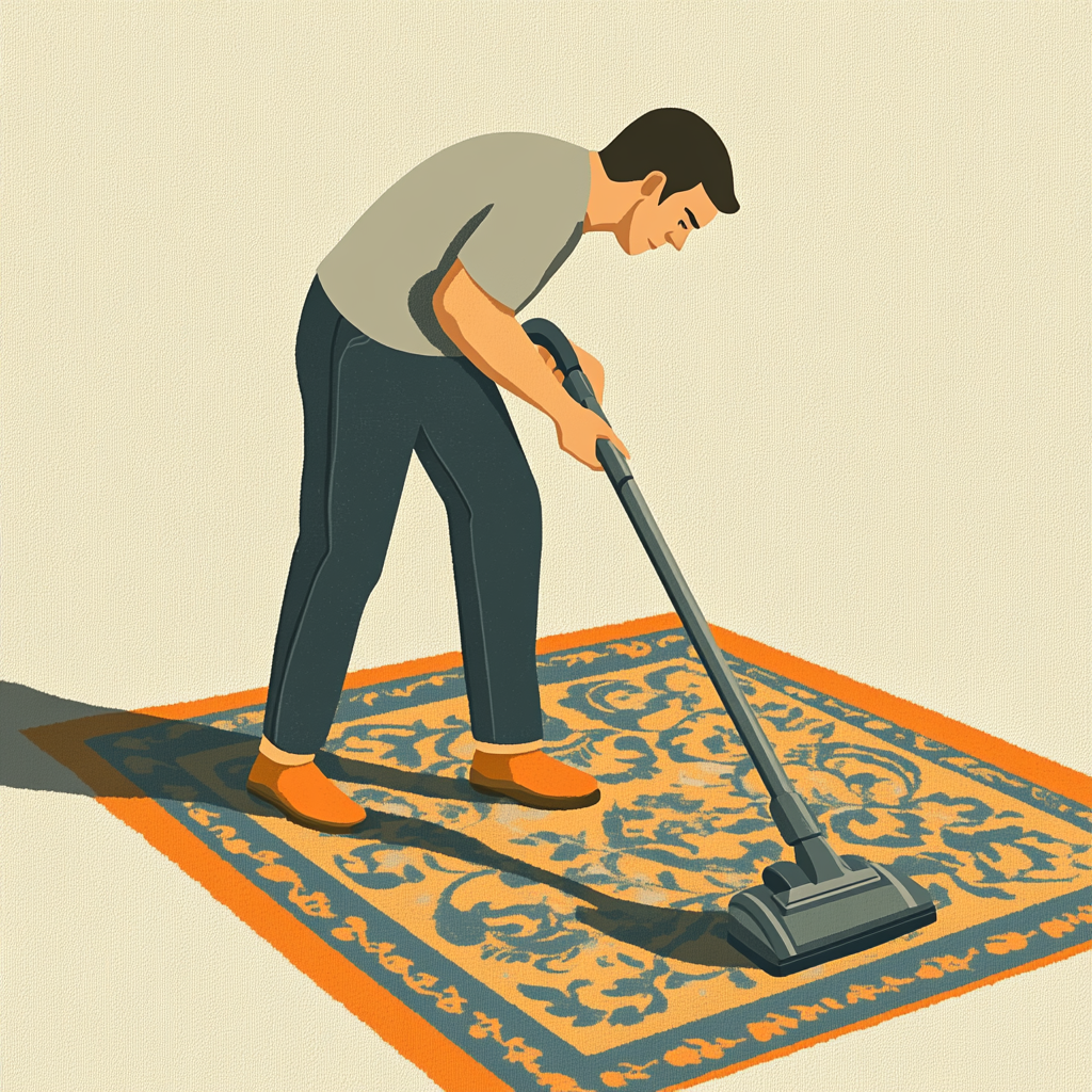 Man vacuuming carpet in John Holcroft style