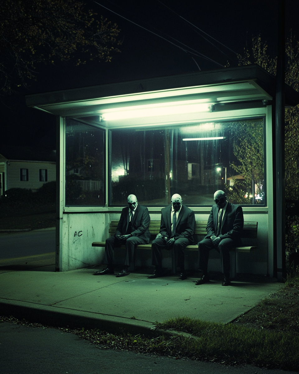 Man waits for bus near two headless zombies