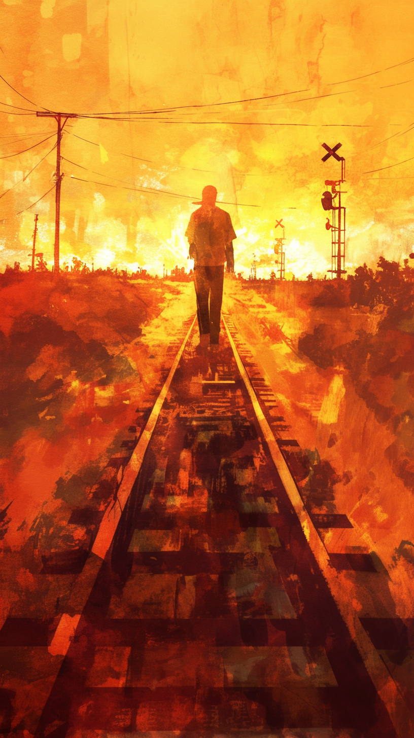 Man walking on railroad tracks at sunset, shadows lengthening.