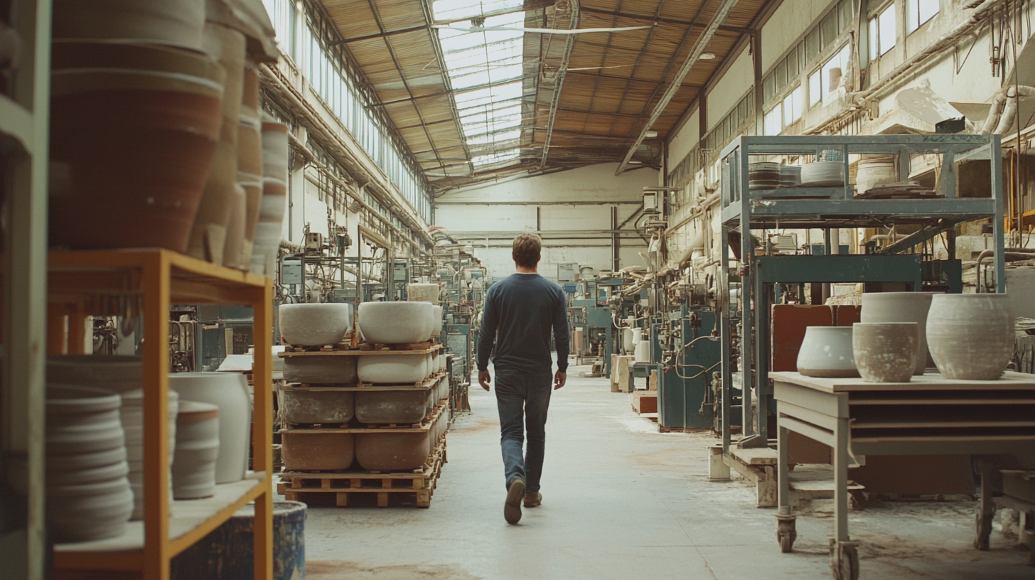 Man walks through ceramics plant with workers, machinery.