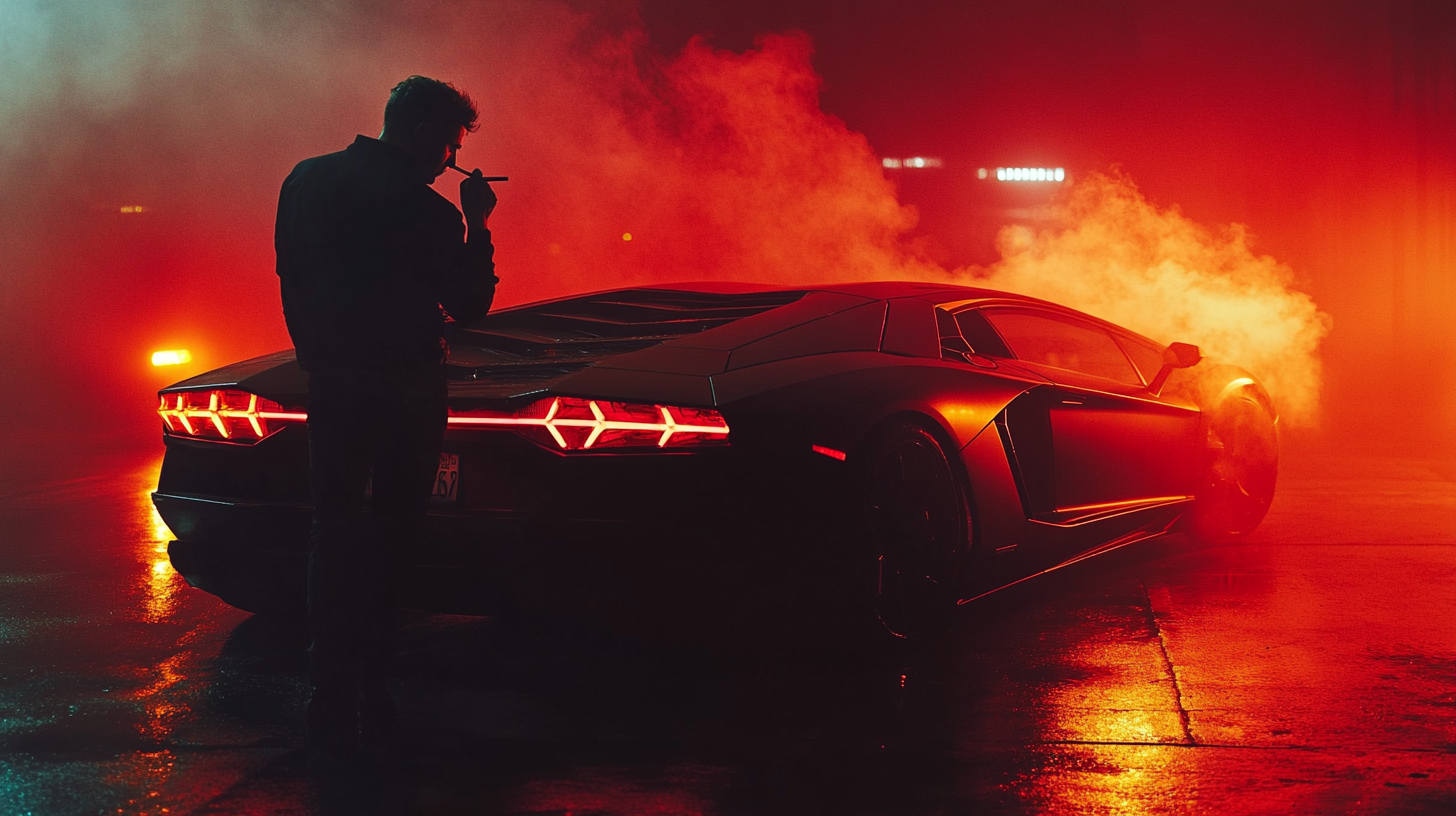 Man with Cigarette Leaning on Black Lamborghini at Night