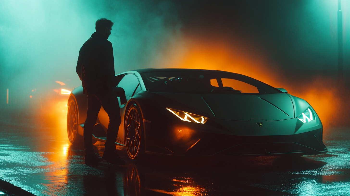 Man with Cigarette by Neon-Lit Lamborghini at Night