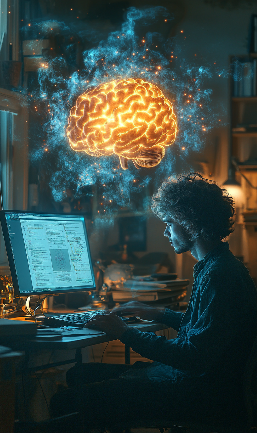 Man with Glowing Brain Working on Computer