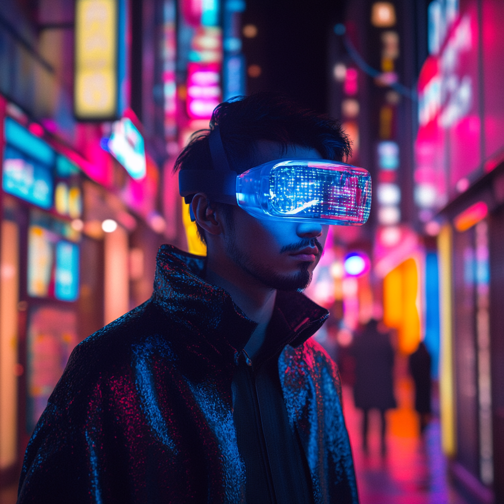 Man with VR helmet in surreal cyberpunk city.