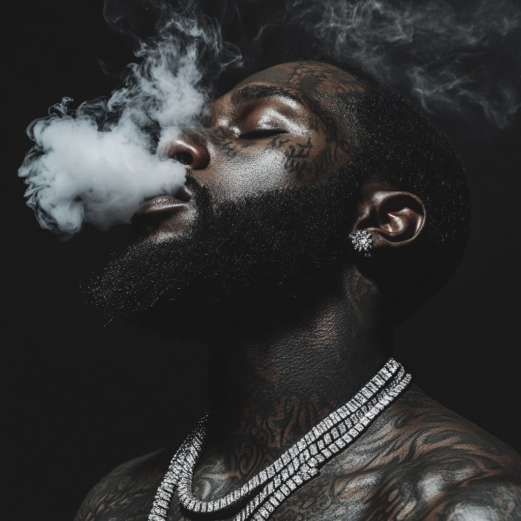 Man with beard, diamonds exhaling smoke, tattoos, dramatic lighting.