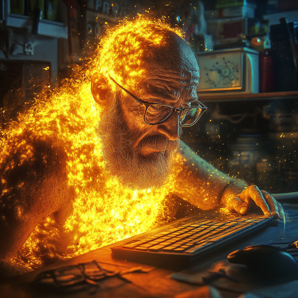 Man with beard and glasses melting into desk.