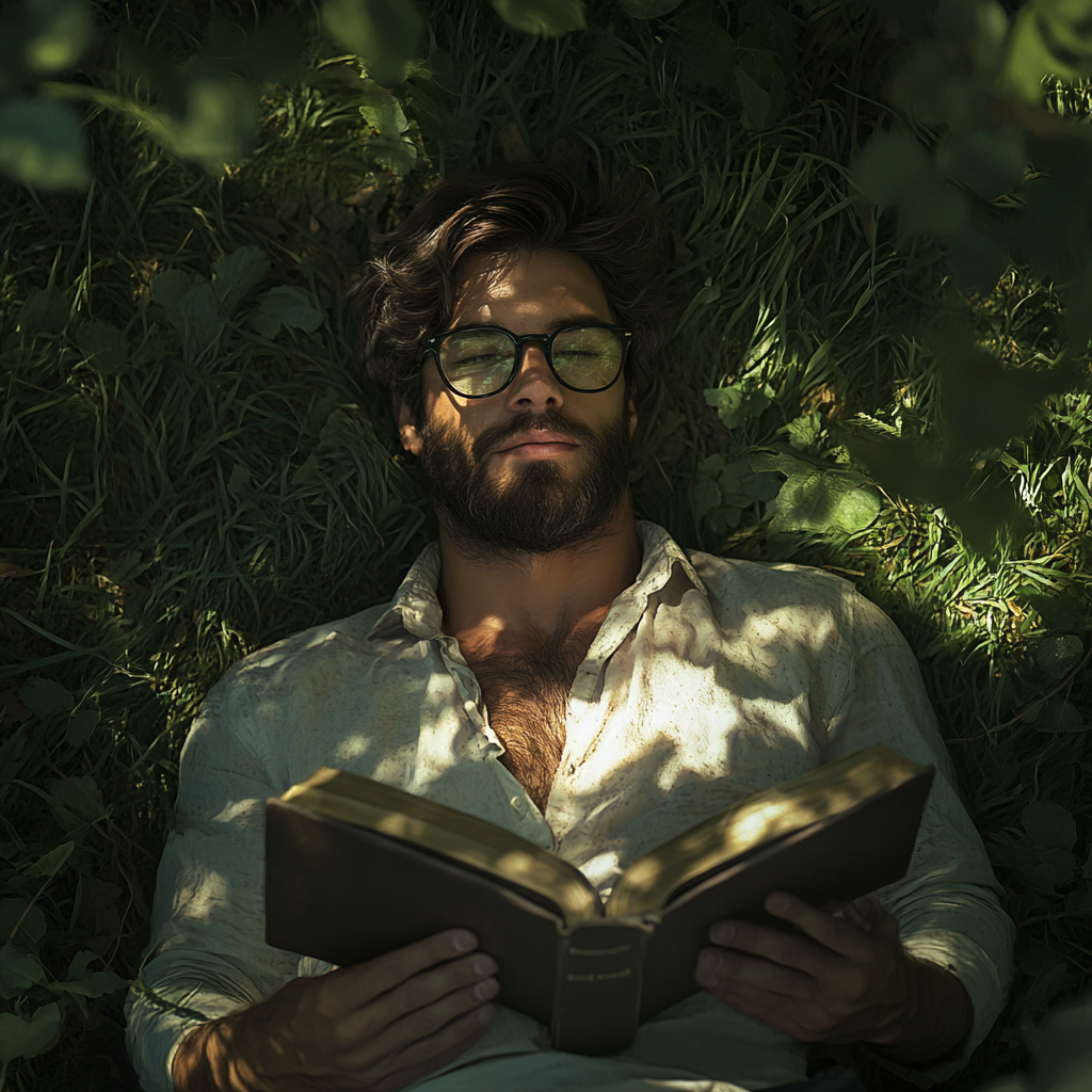 Man with beard and glasses reads Bible in nature.